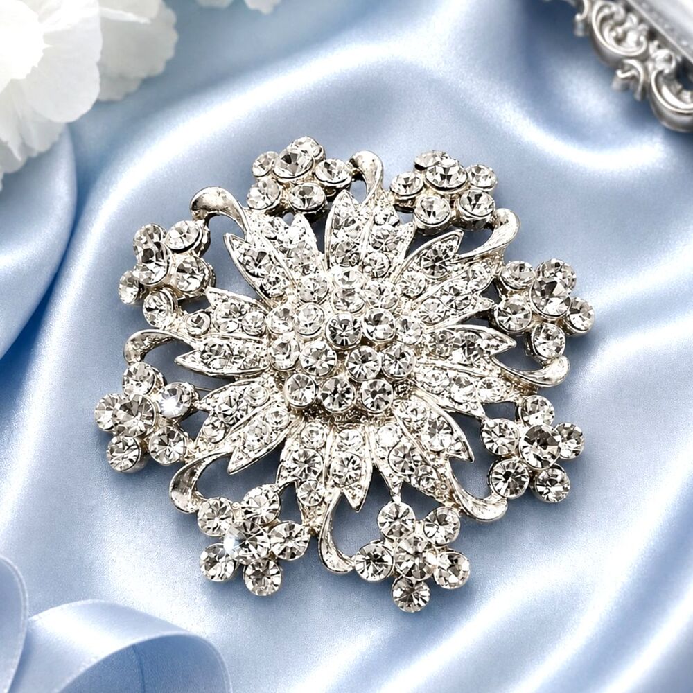 Sparkling Rhinestone Cluster Silver Tone Statement Brooch